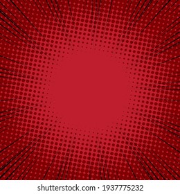 Speed Line Hintergrund. Illustration eines Blitzes oder einer Brille. Konzentration im Zentrum der Zusammensetzung. Vektorgrafik. Comicbuch, schwarz und rot, Radiallinien, Hintergrund. Halftoner Hintergrund.