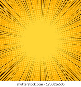 Speed Line background. Vector illustration. Comic book black and yellow radial lines background. Halftone background.
