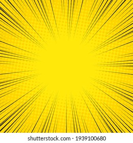 Speed Line background. Vector illustration. Comic book effect black and yellow radial lines background. Halftone background.