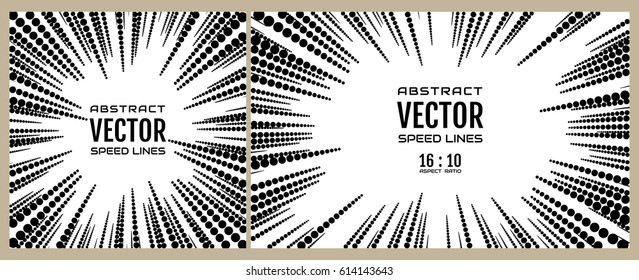 Speed line of black circles on white background. Festive illustration with effect power explosion. Element of design. Vector