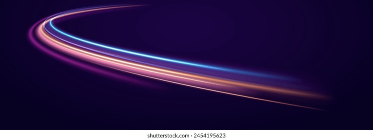 The speed line is blue and red in color. Luminous stripes on a transparent background. Shiny wavy path. Glowing swirl bokeh effect. Magic of moving fast lines. Vector.	
