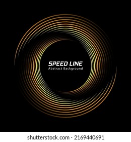 Speed line in circle form. Radial sparkle speed circle. Luminous speed logos. Golden speed lines on black background.