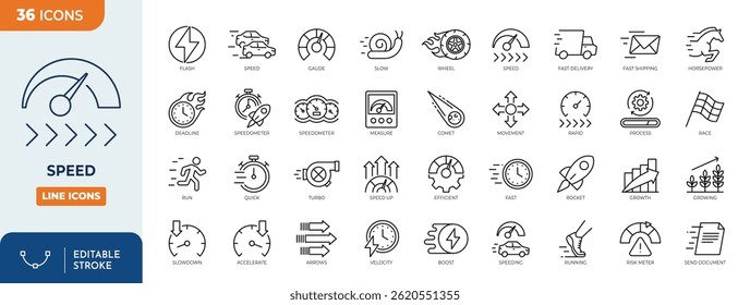 Speed line editable icons set. Containing fast, slow, movement, productivity, indicator, turbo, speeding, gauge, express, speedometer, and more. vector illustration
