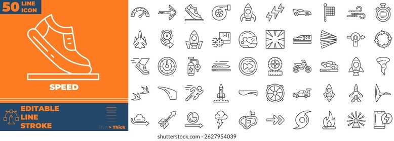 Linha de Velocidade Ícones editáveis definidos. Ilustração de vetor no estilo de linha fina moderna de ícones de velocidade: rápido, lento, movimento, indicador, etc