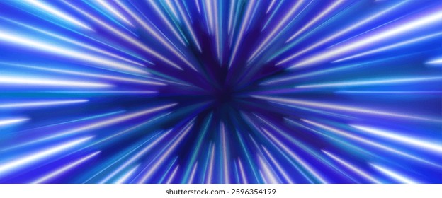 Speed line effect with radial perspective in blue and purple. Dynamic light streaks bursting from central point creating motion illusion. Visual element for hyperspace travel or fast action background