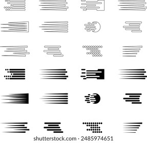 Speed line, flat icons Set. Fast motion effect. Black horizontal action. Speed action symbols. Superhero signs. Comic elements isolated on transparent background. Speed improvement chart boost power.