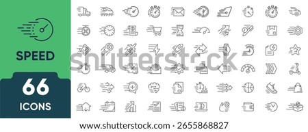 Speed Line Icon Set. Set of 66 outline icons including fast forward, motion, performance, acceleration, stopwatch, speedometer, and delivery. Editable stroke. Linear vector illustration.