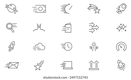 Speed line icon set. Containing fast, slow, movement, concept, fast stopwatch, Spaceships, turbo, speeding and speedometer Outline icon collection. Ui thin icon pack.