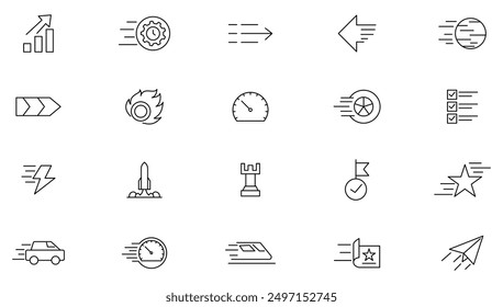 Speed line icon set. Containing fast, slow, movement, concept, fast stopwatch, Spaceships, turbo, speeding and speedometer Outline icon collection. Ui thin icon pack.