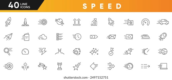 Speed line icon set. Containing fast, slow, movement, concept, fast stopwatch, Spaceships, turbo, speeding and speedometer Outline icon collection. Ui thin icon pack.