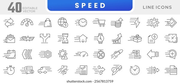 Speed line icon set. Containing fast, productivity, indicator, turbo, speeding, cloche, courier, time, run, gauge, movement, accelerate, flash, motion, rapid line icon set. Ui thin line icon pack.