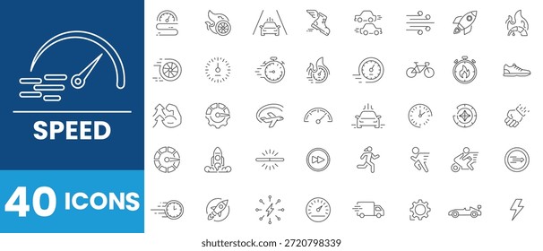 Ícone de linha de velocidade definido. Contendo ícones rápidos, lentos, de movimento, de produtividade, de indicador, de turbo, de excesso de velocidade, de indicador, expresso e de velocímetro. Coleção de ícones linear. Ilustração vetorial.