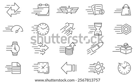 Speed line icon set. Containing fast, productivity, indicator, turbo, speeding, cloche, courier, time, run, gauge, movement, accelerate, flash, motion, rapid line icon set. Ui thin line icon pack.
