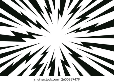 Speed line lightning background. Black jagged lightning rays radiating from center. Explosive speed, shock, motion and intense energy impact. Comic action scenes, game graphics. Vector backdrop.