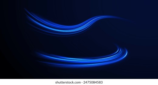 Speed line motion vector background. Modern abstract high-speed light motion effect on black background. Curved light trail stretched upward. Vector Illustration.