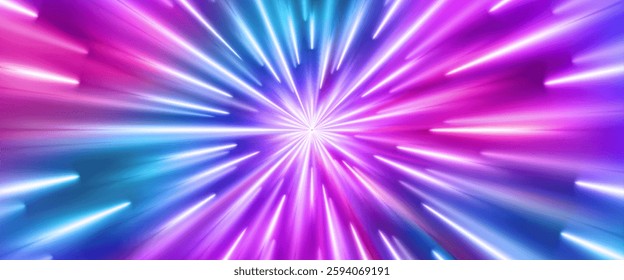 Speed line radial burst in pink and blue gradient colors with bright perspective streaks. Central light explosion effect with dynamic rays extending outward for motion graphics, tunnel visualization.