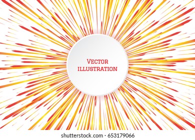 Speed line with red yellow gradient rays on white background. Festive abstract illustration with effect power explosion. Element of design. White circle banner in center for your text. Vector