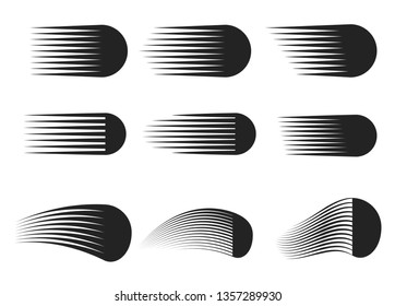 Speed Line Set. Horizontal Motion effect. Flying particles. Lines black for Manga and Comic. Sun rays or star burst. Vector