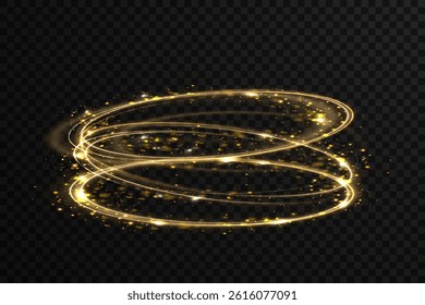 Speed line twirl reflects glowing fire and energy. Twisting gold arc creates wave of brilliance and shine. Golden spark path forms elegant podium swirl effect. Incandescent circle loops
