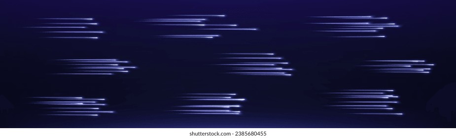 Speed Lines. Background of blue or neon speed light lines. Dynamic lights on a dark background. Concept of high speed neon speed lines. Vector png.