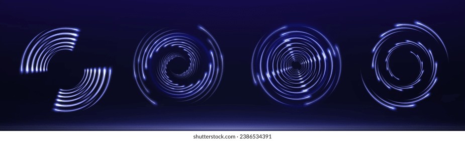 Speed Lines. Background of blue spiral or neon speed light lines. Dynamic circle lights. Concept of high speed neon speed lines. Vector png.