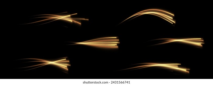 Speed Lines. Background of gold or neon speed light lines. Dynamic lights on a dark background. Concept of high speed gold speed lines. Vector png.	
