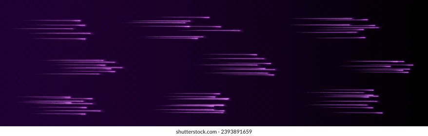 Speed Lines. Background of pink or neon speed light lines. Dynamic lights on a dark background. Concept of high speed neon speed lines. Vector png.