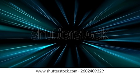 Speed lines burst from center, glowing neon blue streaks zoom out with dynamic motion acceleration effect. Futuristic warp tunnel abstract perspective background. Sci fi light trail movement illusion.