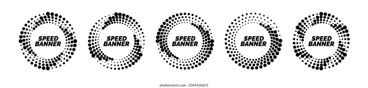 Speed lines circle. Abstract circular motion halftone logo design. Black frame spiral border, radial twirl effect geometric dotted pattern vector banners set. Geometric shapes with twirls