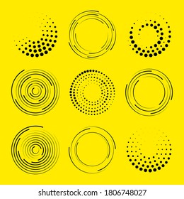 Speed lines in circle form. Design element for frame, logo, tattoo, web pages, prints, posters, template, abstract vector background. Set of black thick halftone dotted speed lines. Geometric art. 