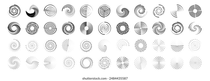 Speed lines in circle form. Design element for frame, logo, tattoo, web pages, prints, posters, template, abstract vector background. Halftone circular dotted frames set. PNG	