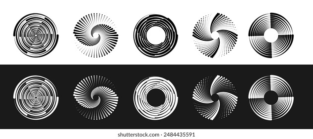 Líneas de velocidad en forma de círculo. Elemento de diseño para marco, logotipo, tatuaje, páginas de Web, impresiones, carteles, Plantilla, fondo de Vector abstracto. Conjunto de marcos de puntos circulares de semitonos. PNG	