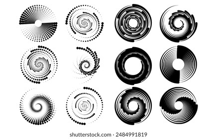 Speed lines in circle form. Design element for frame, logo, tattoo, web pages, prints, posters, template, abstract vector background. Halftone circular dotted frames set. PNG	