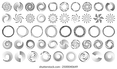 Speed lines in circle form. Design element for frame, logo, tattoo, web pages, prints, posters, template, abstract vector background. Halftone circular dotted frames set. PNG	