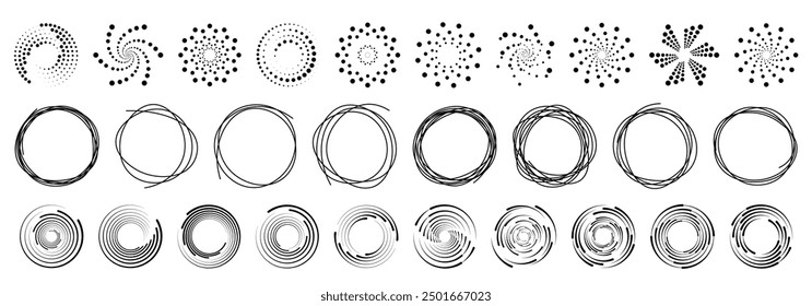 Speed lines in circle form. Design element for frame, logo, tattoo, web pages, prints, posters, template, abstract vector background. Halftone circular dotted frames set. PNG	