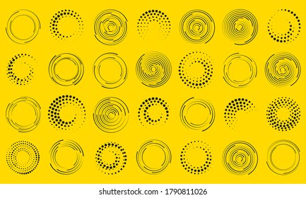 Speed lines in circle form. Geometric art. Set of black thick halftone dotted speed lines. Design element for frame, logo, tattoo, web pages, prints, posters, template, abstract vector background.