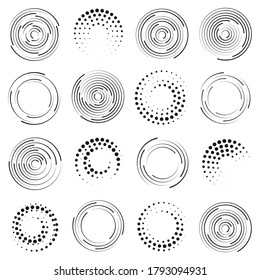 Speed lines in circle form. Geometric art. Set of black thick halftone dotted speed lines. Design element for frame, logo, tattoo, web pages, prints, posters, template, abstract vector background.