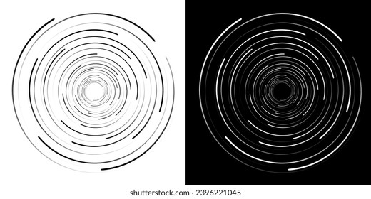 Speed lines in circle form, halftone effect, spiral round logo, design element decoration, concentric circle elements background, abstract geometric shape, black and white striped border frame