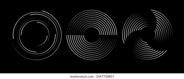 Líneas de velocidad en forma de círculo. Líneas de velocidad radial en forma de círculo. Líneas de velocidad punteadas de semitonos gruesas negras. Logotipo redondo de Tecnología. Vector