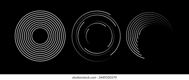 Líneas de velocidad en forma de círculo. Líneas de velocidad radial en forma de círculo. Líneas de velocidad punteadas de semitonos gruesas negras. Logotipo redondo de Tecnología. Vector