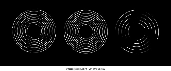 Líneas de velocidad en forma de círculo. Líneas de velocidad radial en forma de círculo. Líneas de velocidad punteadas de semitonos gruesas negras. Logotipo redondo de Tecnología. Vector