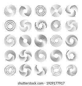 Speed Lines in Circle Form. Set of black thick halftone dotted speed lines. Design element for frame, logo, tattoo, web pages, prints, posters, template, abstract vector background.