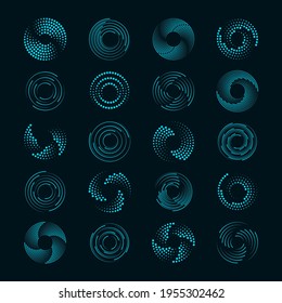 Speed Lines in Circle Form. Set of black thick halftone dotted speed lines. Design element for frame, logo, tattoo, web pages, prints, posters, template, abstract vector background.