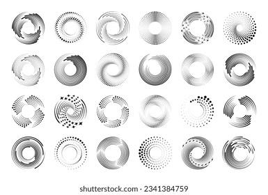 Líneas de velocidad en forma de círculo. Establece símbolos de movimiento, velocidad, radiancia, partículas voladoras. Fondo de líneas radiales. Elemento de diseño para el logotipo, marco, tatuaje, páginas web, carteles. Aislado