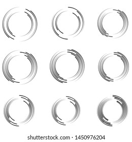Speed Lines in Circle Form . Spiral Vector Illustration .Technology round Logo . Design element . Abstract Geometric shape . Striped border frame for image