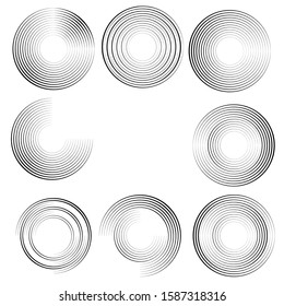 Speed Lines in Circle Form . Spiral Vector Illustration .Technology round Logo . Design element . Abstract Geometric shape . Striped border frame
