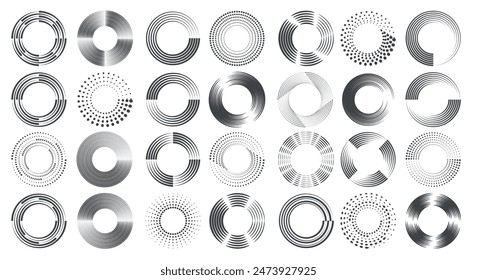 Las líneas de velocidad rodean los marcos. Remolino redondo y curvas movimiento puntos modernos Elementos de diseño abstractos de medio tono conjunto Ilustración vectorial aislada