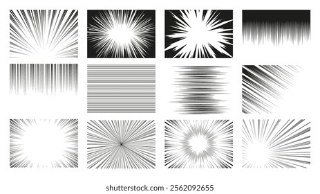 Speed lines for comic book. Manga or anime frame, superhero action, explosion effect. Black and white vector backgrounds set. Abstract radial zoom and horizontal, vertically motion effects
