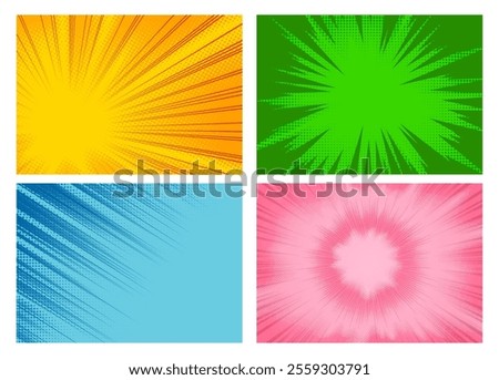 Speed lines for comic book. Manga or anime frame, superhero action, explosion effect. Colorful vector backgrounds set. Abstract radial zoom and diagonal motion dotted and striped effects. POP art