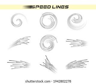 Speed lines of different shapes are diagonal, round. Alternating spiral, circle dynamic bands. Vector isolated overlay patterns.